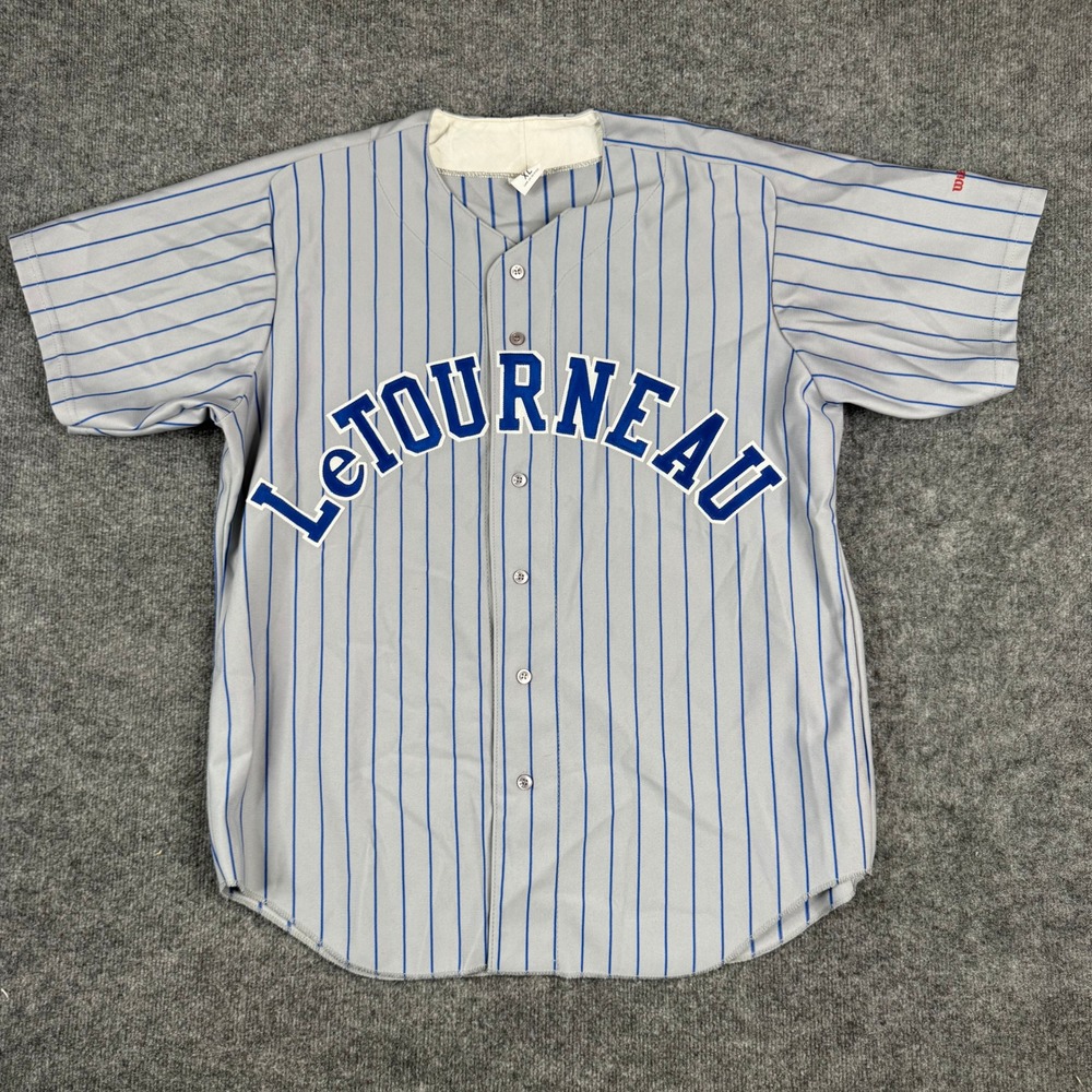 Wilson Baseball Jersey Mens Size XL Grey Pinstripe LeTourneau Button Up USA Made